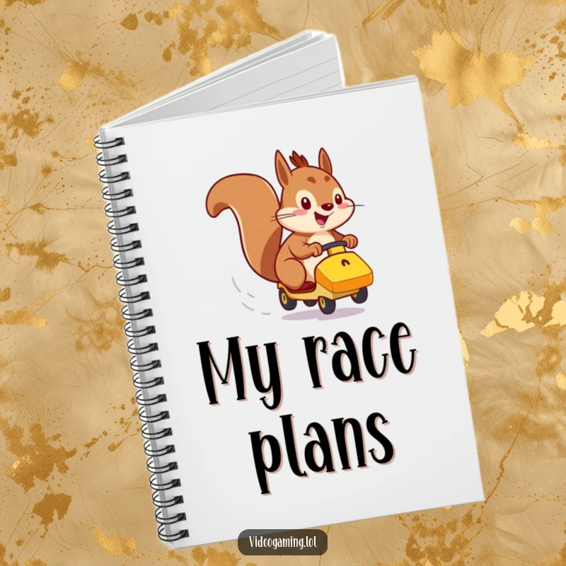 Funny notebook cover featuring an energetic squirrel racing a small vehicle with a determined and focused look.