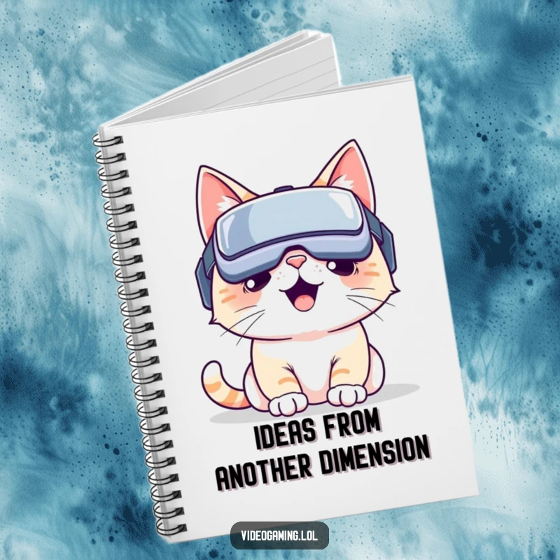 Funny VR cat notebook: A happy cat in a VR headset, venturing into a digital realm between lined pages. Excellent funny gift.