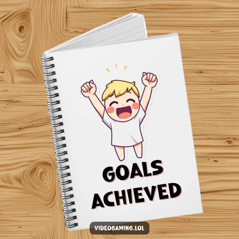Funny happy character celebrating a victory with arms raised high on a notebook cover, inspiring success.
