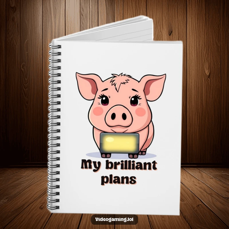 Funny Determined Pig Notebook, staring intently at a glowing screen, inspiring focused note-taking for gamers.