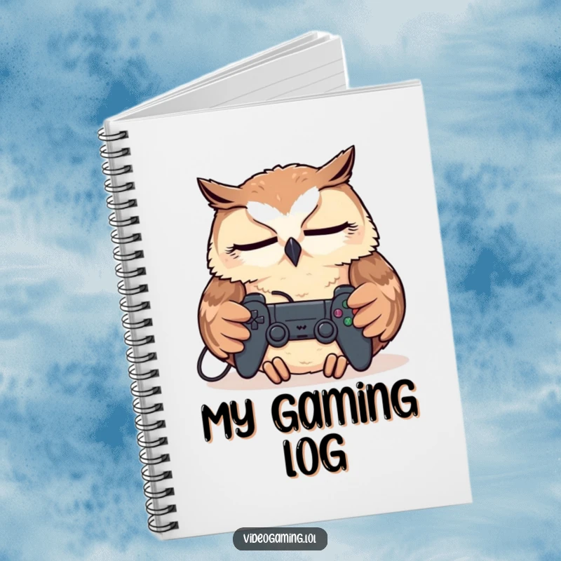 Funny Tired Owl Notebook, resting with a controller, designed for jotting down ideas from a tired gamer's mind.