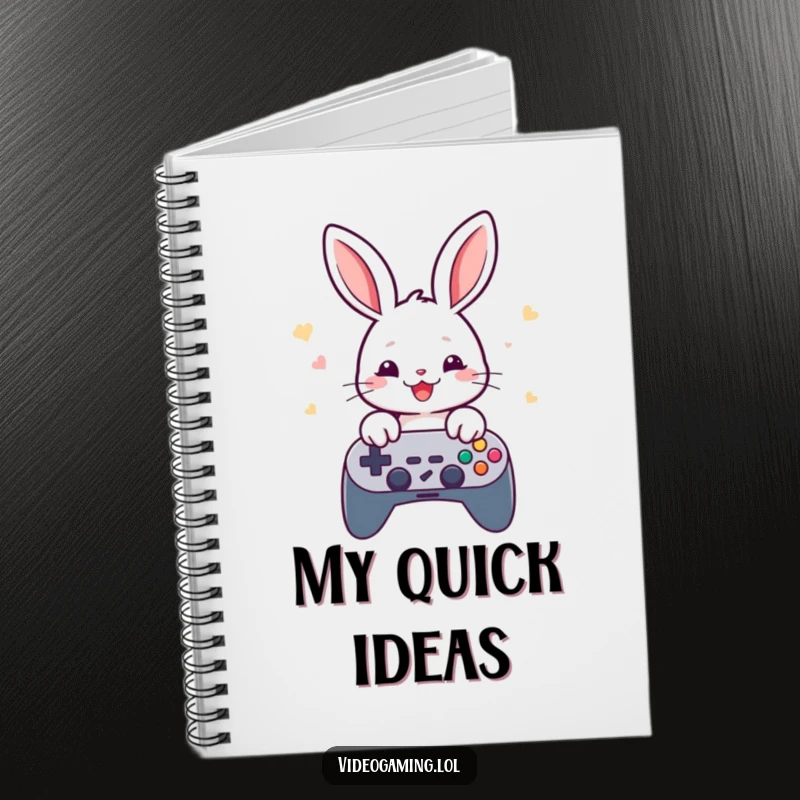 Funny rabbit gamer notebook, showing a cheerful rabbit rapidly tapping game controller buttons, for quick notes.