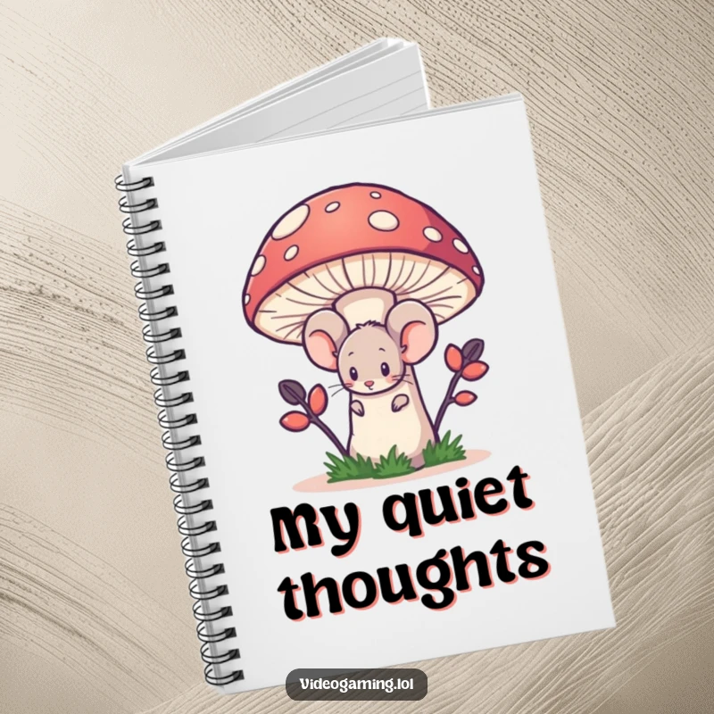 Funny notebook cover with a shy mouse hiding behind a large pixelated mushroom, conveying a sense of privacy.