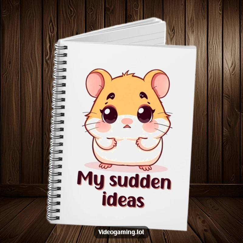 Funny notebook cover featuring a small hamster with comically wide eyes, looking utterly surprised.