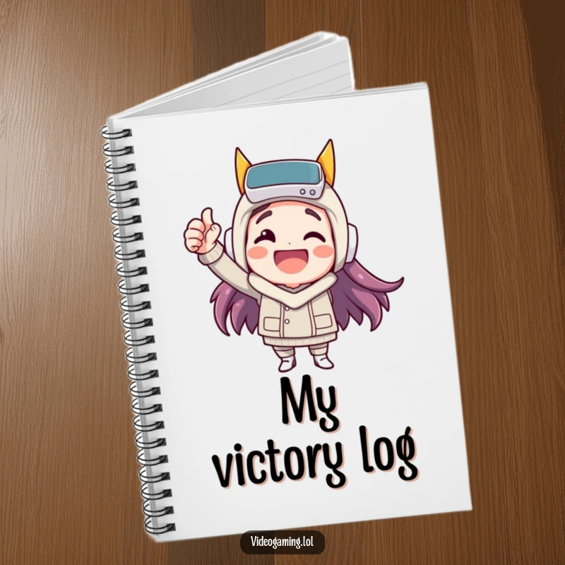 Funny notebook cover with a happy character celebrating a virtual victory with a fist pump, encouraging note-taking.