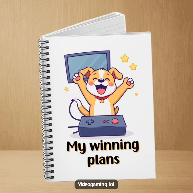 Funny dog gamer notebook, celebrating a video game win, perfect for jotting down strategies with humor.