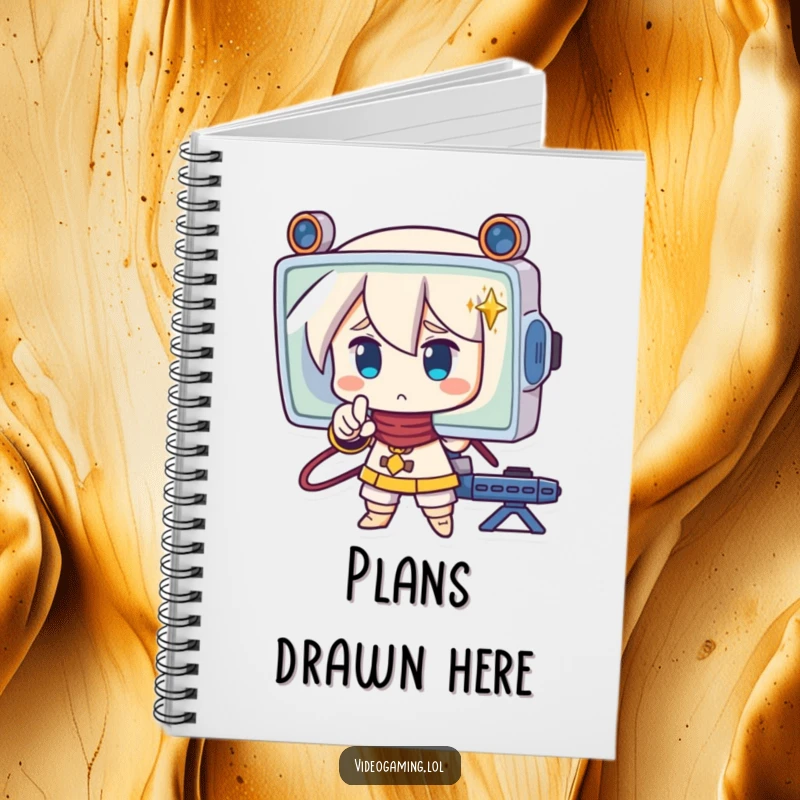 Funny notebook cover with a strategic character pointing at a screen, encouraging focused note-taking for planners.