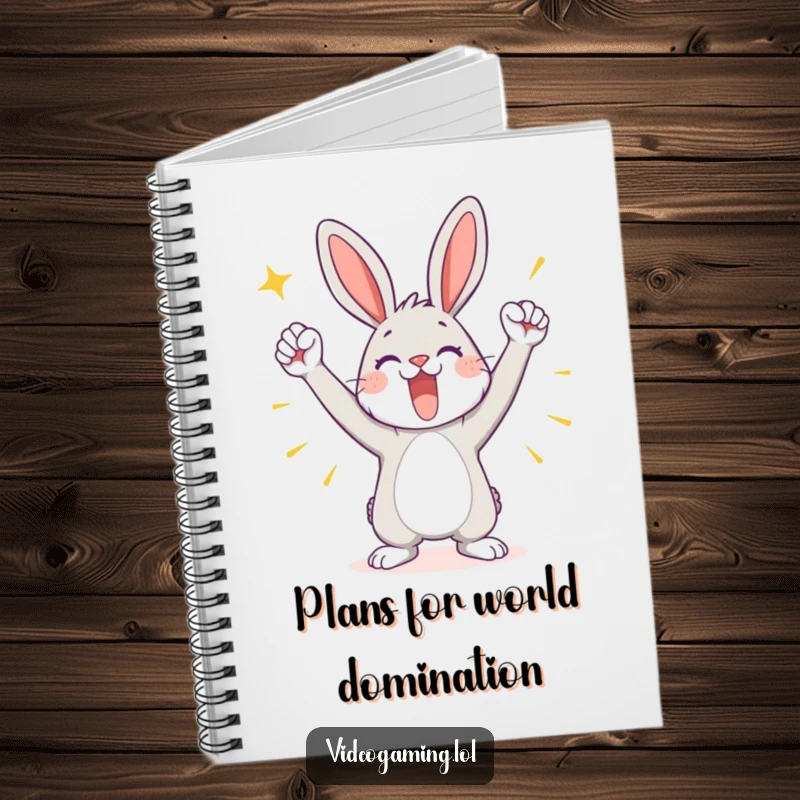 Funny notebook with a cover depicting a playful bunny in a triumphant pose, celebrating victory and inspiring note-taking.