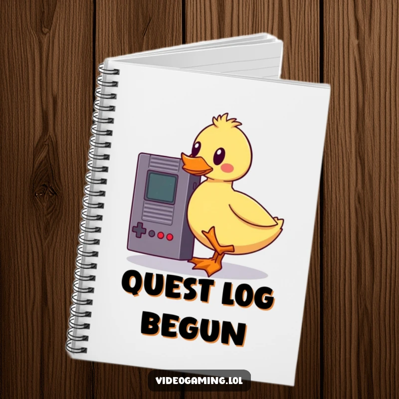 Funny wobbly duck notebook cover, humorously balancing a vintage game cartridge, a playful and practical item for jotting down thoughts and ideas.