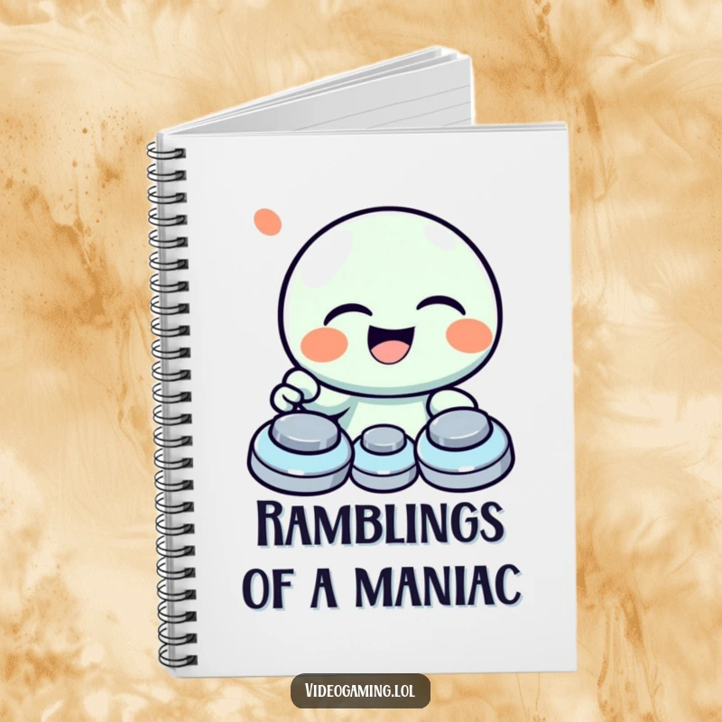 Funny notebook cover featuring a giggling character laughing heartily while mashing game buttons.