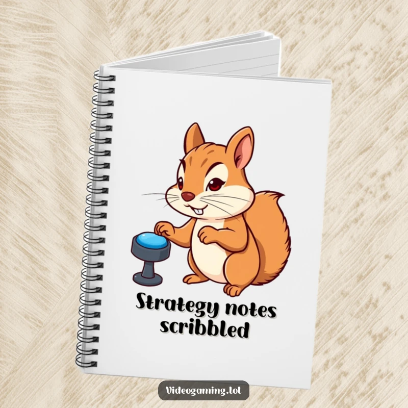 Funny notebook with a determined squirrel furiously mashing virtual buttons during gaming, a cartoon character inspiring intense, gamer-themed ideas.