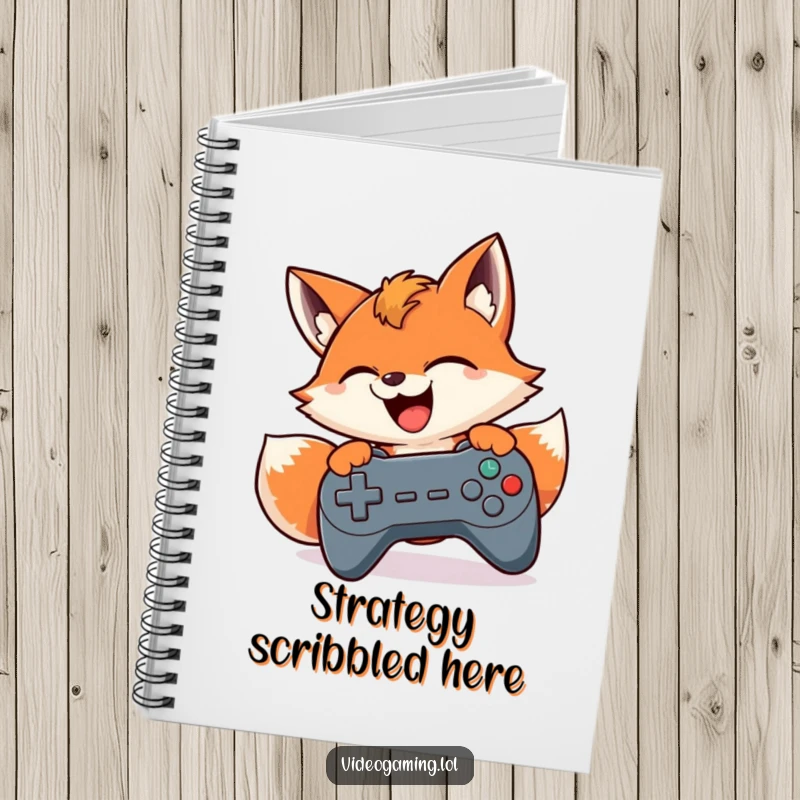 Funny notebook featuring a smiling fox intensely mashing a game controller, designed for capturing thoughts with gaming humor.