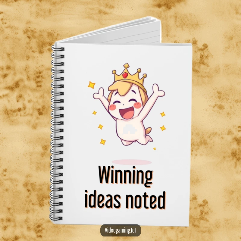 Funny notebook cover with a playful character performing an energetic leap, symbolizing excitement and the thrill of new ideas.