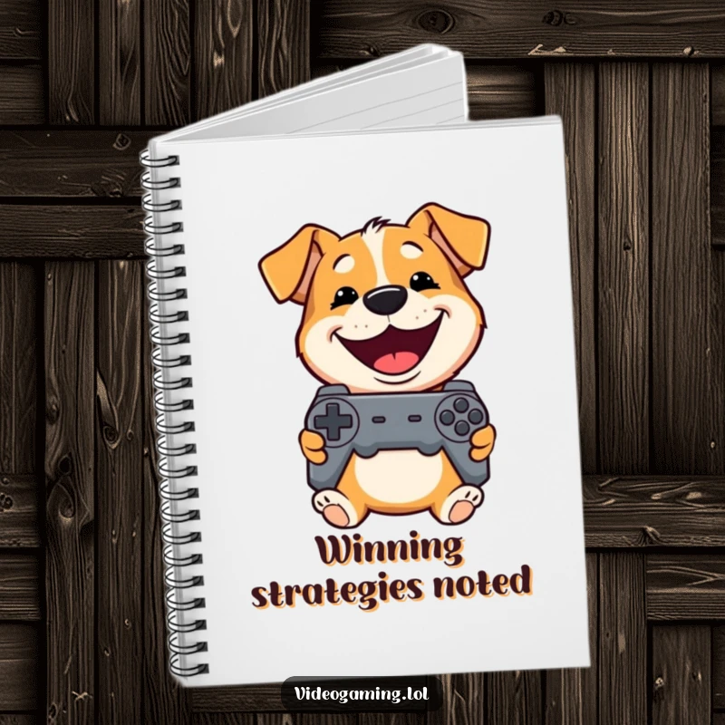 Funny Dog Notebook: A playful dog grins widely while holding a controller, ready to help you strategize and plan.
