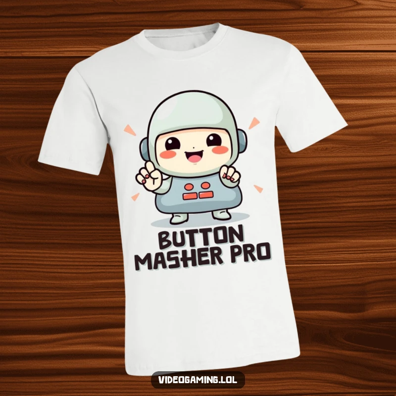 Funny Gamer T-Shirt: A smiling character performing a blur of rapid button presses, symbolizing intense gaming action.