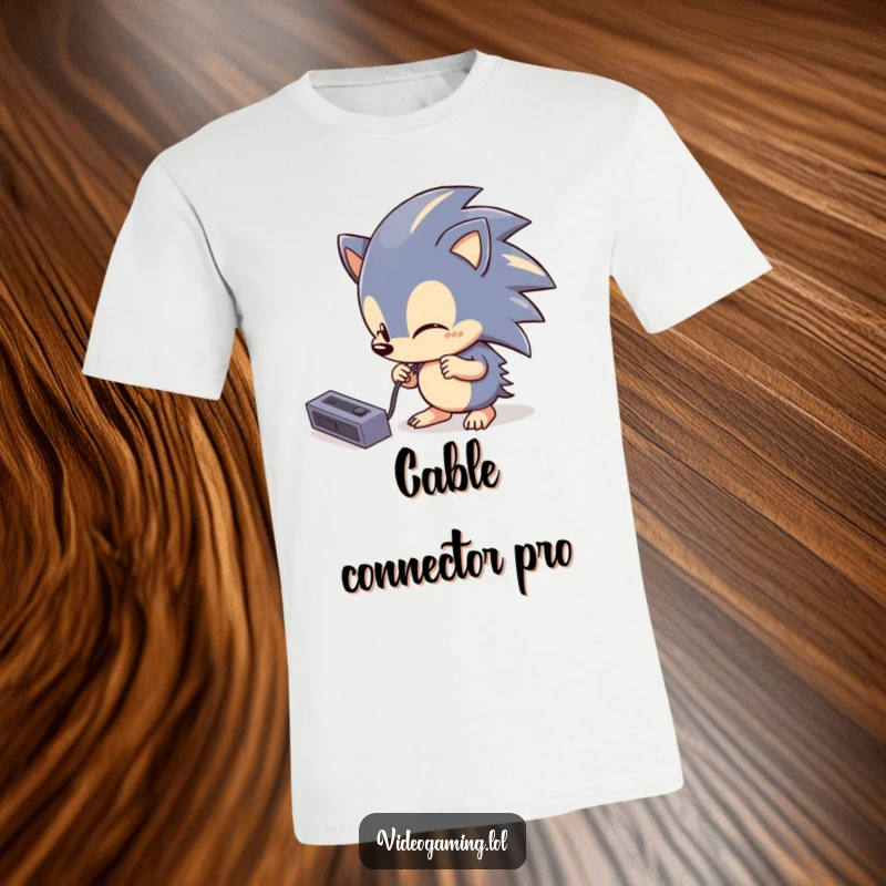 Funny Hedgehog Tech T-Shirt depicting a curious hedgehog comically failing to plug in a console cable, showcasing tech blunders.