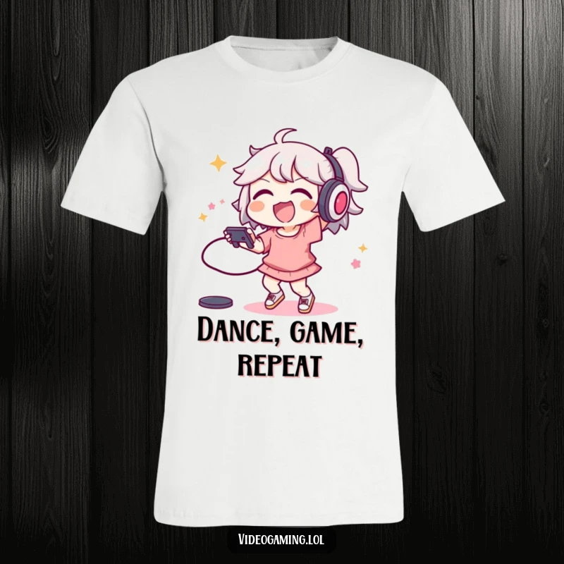 Funny t-shirt graphic of a joyful character doing an energetic dance move with a video game controller in hand.