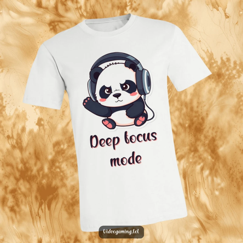 Funny t-shirt design of a determined panda wearing large headphones, intensely focused and immersed in sound.