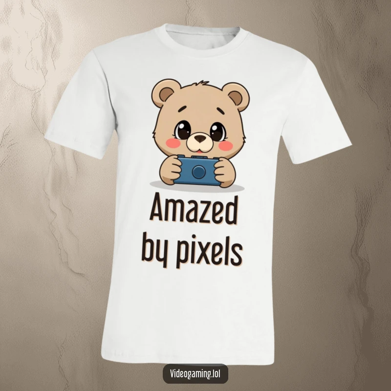Funny t-shirt featuring a curious bear with large, astonished eyes intently watching a video game unfold on a screen.