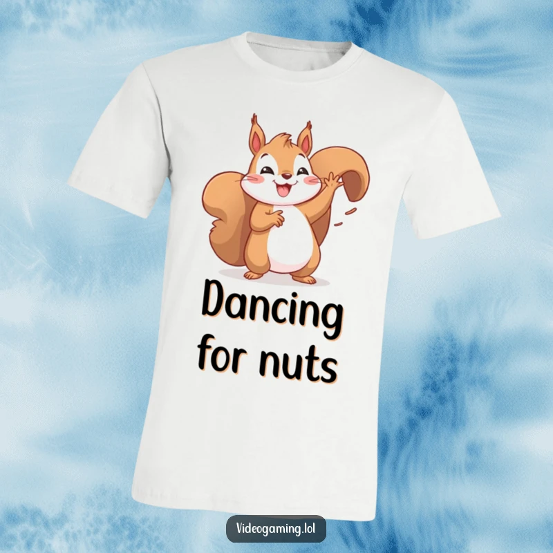 Funny t-shirt depicting a jubilant squirrel performing a victory dance, showing pure happiness and excitement. Great for celebrations.