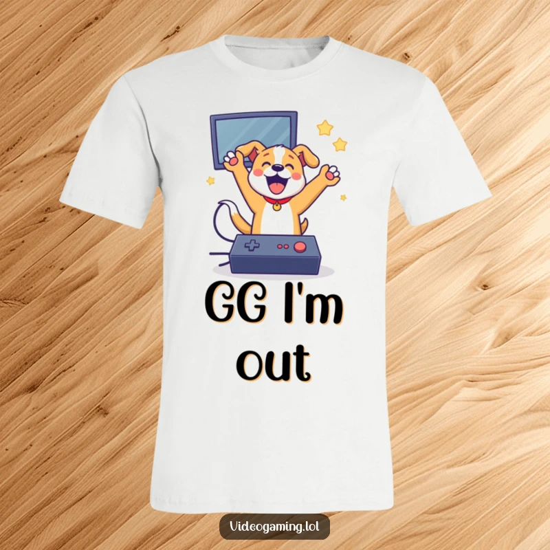 Funny dog wearing gamer headset, jumping in celebration after winning a video game, on a t-shirt.