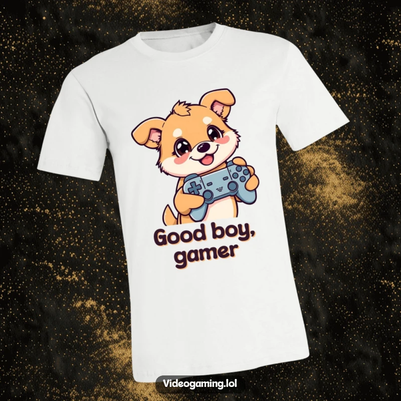 Funny t-shirt with a happy dog engrossed in gaming, controller in paw, eyes glued to a screen, pure digital bliss.