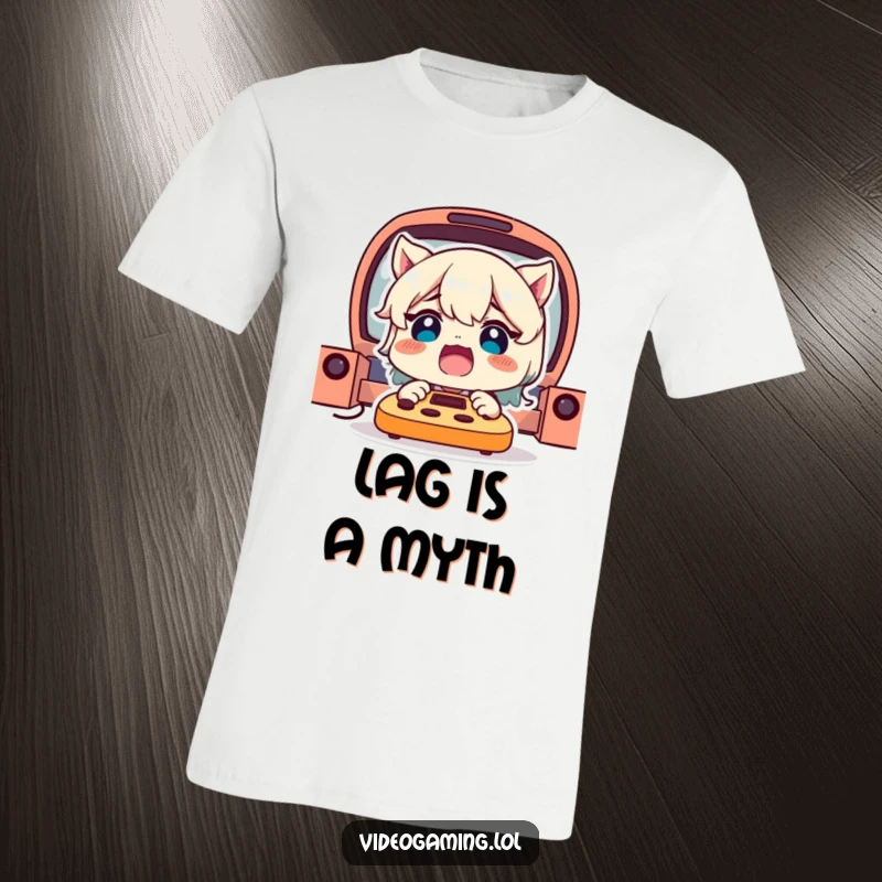 Funny Gamer T-Shirt: A delighted character displaying a hilariously shocked expression, mid-gameplay, for maximum comedic effect.