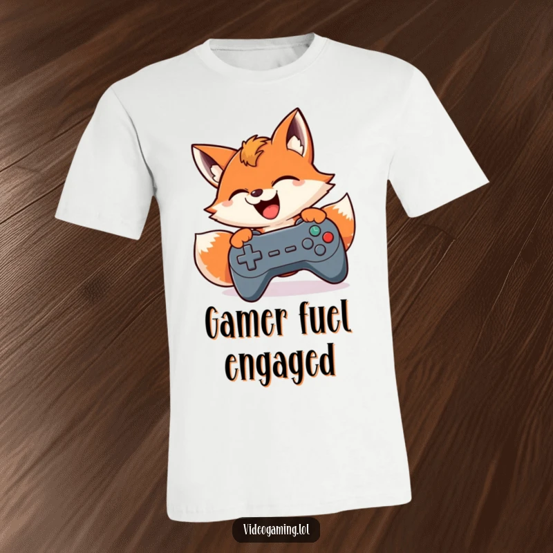 Funny t-shirt design of a smiling fox intensely mashing game controller buttons, highlighting passionate and humorous gameplay.