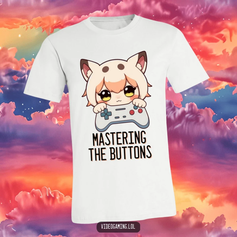 Funny t-shirt depicting a curious character intensely staring at a video game controller, completely absorbed.