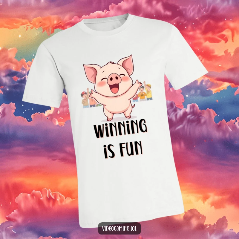 Funny t-shirt depicting a happy piglet cheering enthusiastically after winning a game, showing pure delight. Great for celebrations.