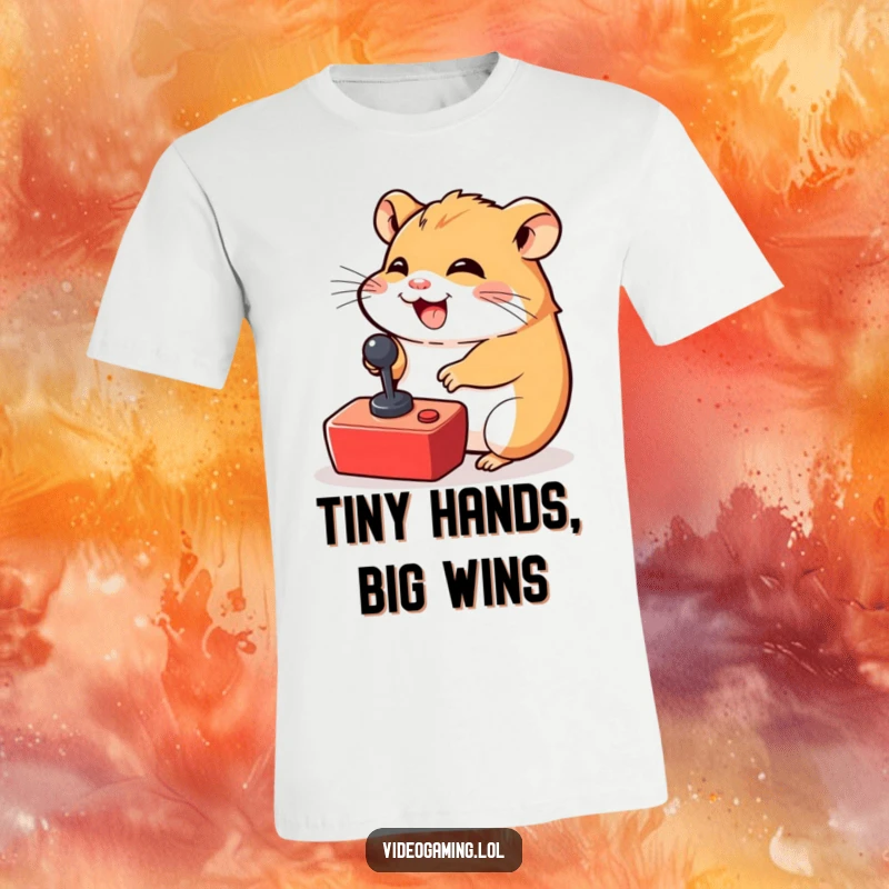 Funny Hamster T-Shirt: A giggling hamster wiggles with delight while rapidly moving a miniature joystick.