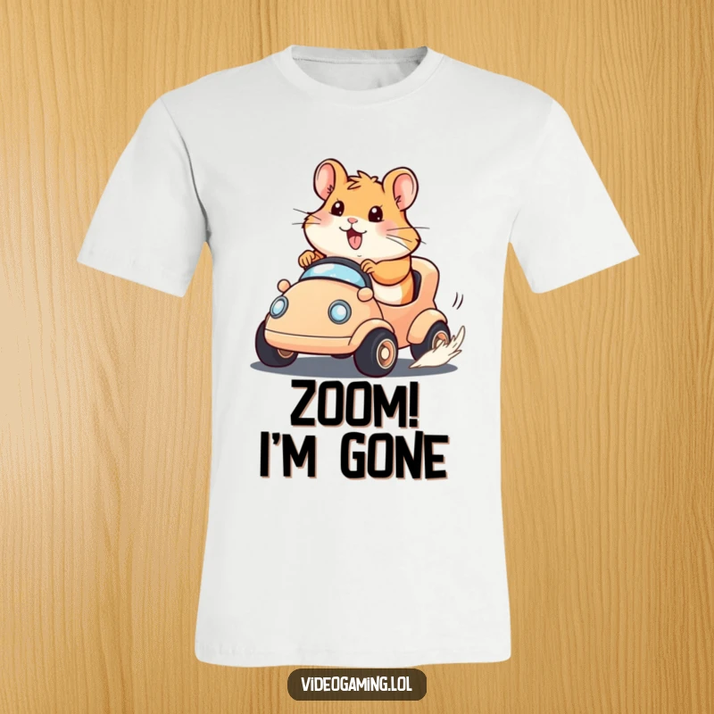 Funny Hamster Race T-Shirt showing a happy hamster with determination racing a small virtual vehicle, full of speed and excitement.