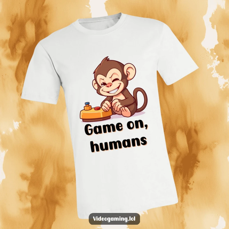 Funny Mischievous Monkey T-Shirt showing a grinning monkey intensely focused on a video game, radiating playful energy.