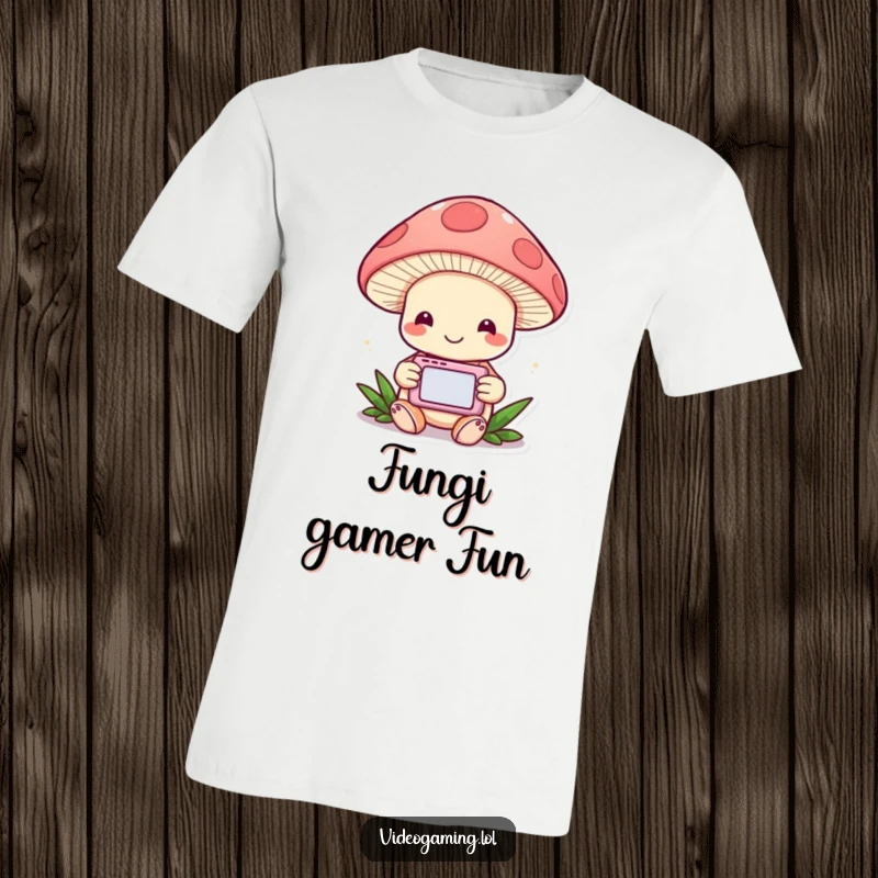 Funny Mushroom Gamer T-Shirt: A cheerful mushroom intently plays a handheld game device, radiating joy.