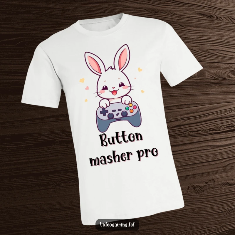 Funny rabbit gamer t-shirt, depicting a cheerful rabbit rapidly pressing game controller buttons.