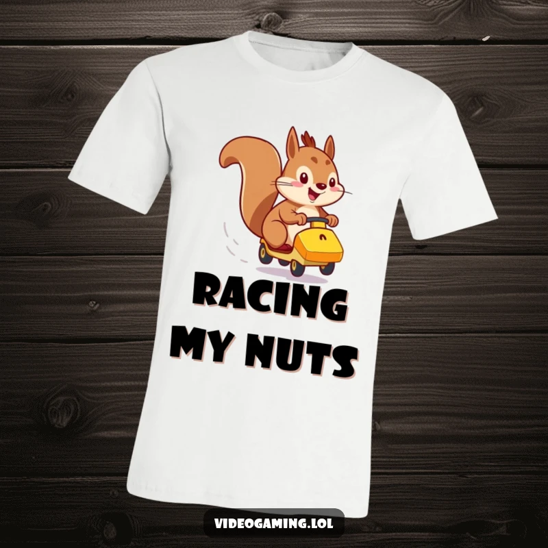 Funny t-shirt graphic of an energetic squirrel racing a vehicle with intense focus and speed.