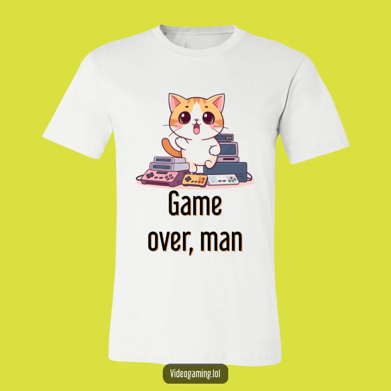 Funny Surprised Cat T-Shirt: Hilarious Gamer Tee for Console Chaos Fans