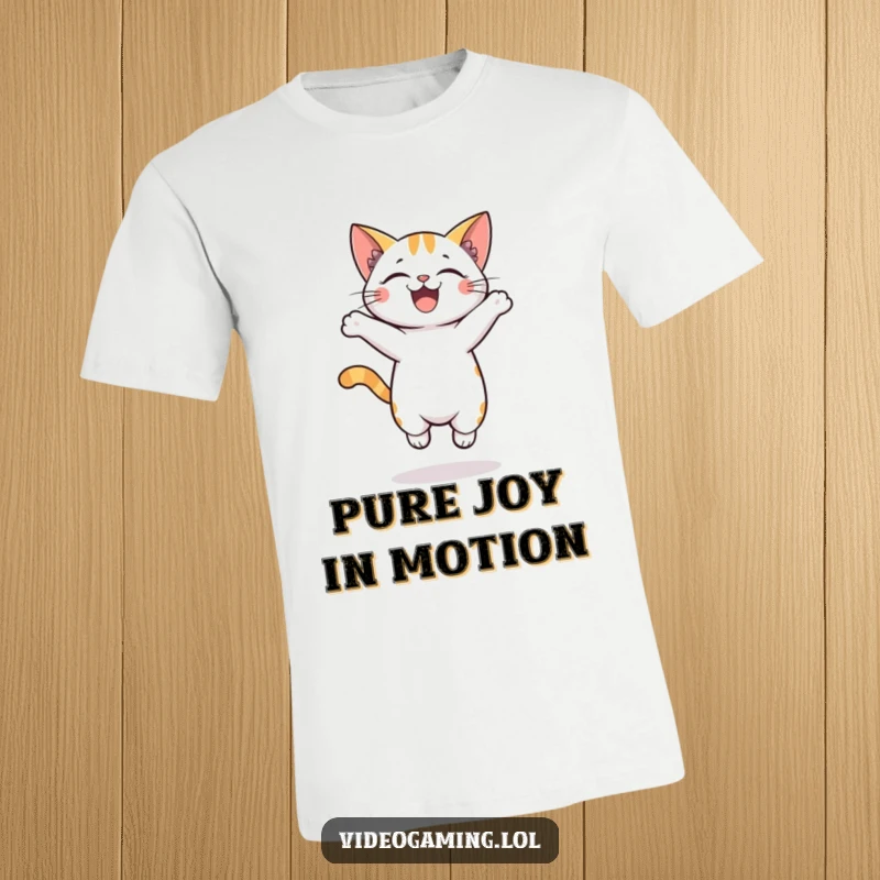 Funny t-shirt design of a cartoon cat jumping excitedly with pure joy, perfect for expressing playful enthusiasm.