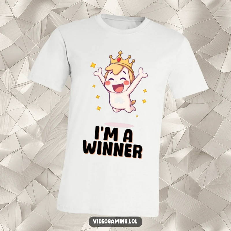 Funny t-shirt with a playful character joyfully leaping high in the air, celebrating a great victory with boundless excitement.