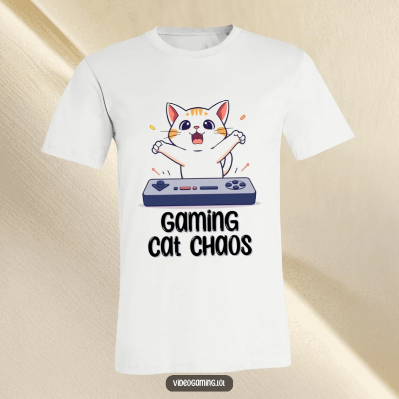 Funny Cat Gaming T-Shirt: A surprised cat dramatically leaps backward from a speeding video game, showing pure comical alarm.