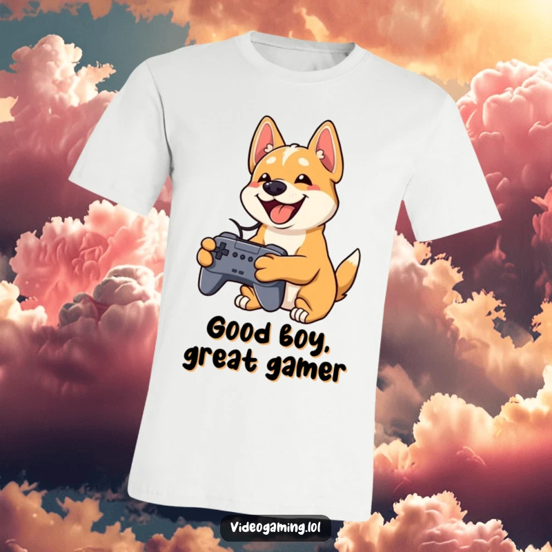 Funny dog t-shirt of a playful dog with a wide grin holding a video game controller, gamer apparel.