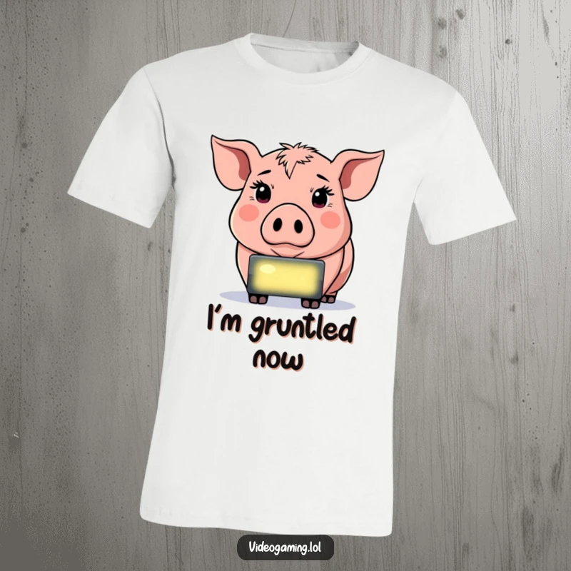 Funny Determined Pig T-Shirt, intensely focused on a glowing screen, a humorous depiction of gamer concentration.