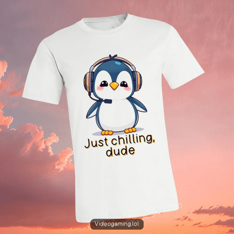 Funny penguin gamer t-shirt, wearing oversized headphones and looking goofy, perfect for casual gaming.