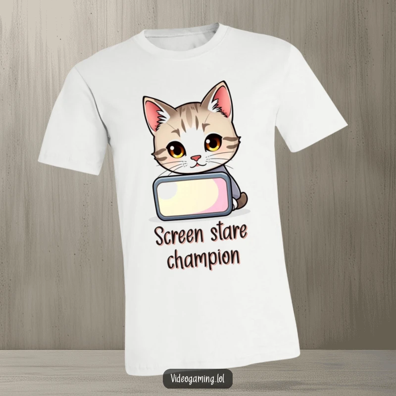 Funny cat with intense focus, peering at a bright screen, a hilarious tee for feline admirers.