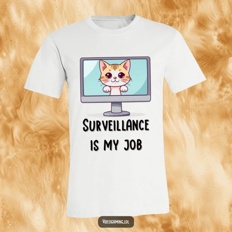 Funny t-shirt with a curious cat peeking from behind a large monitor, showcasing playful and humorous observation.