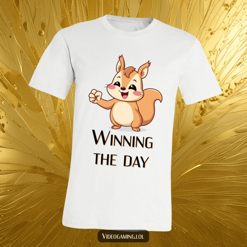 Funny Squirrel T-Shirt: A cheerful squirrel pumps its fist in victory, embodying energetic triumph and celebratory joy.