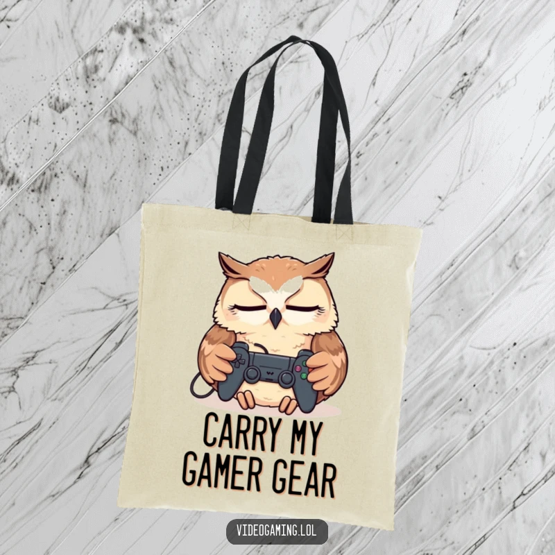 Funny Tired Owl Tote Bag, sleeping soundly with a controller, a humorous and practical accessory for gamers.