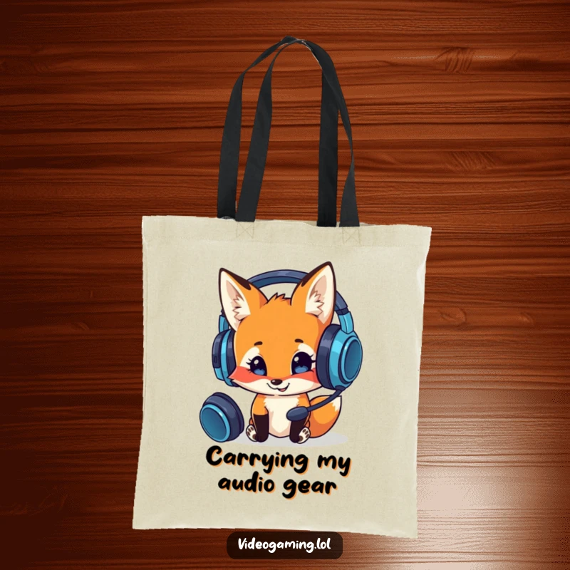 Funny tote bag with a curious fox smiling and examining a gaming headset, a humorous accessory for tech enthusiasts.