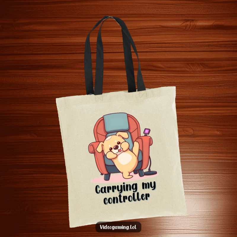 Funny puppy tote bag depicting a clumsy dog falling backward from a gaming chair, ideal for carrying groceries or gaming gear.