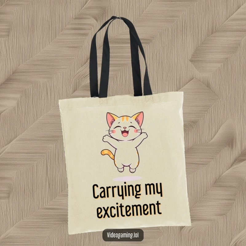 Funny tote bag featuring a happy cat jumping with extreme excitement, perfect for carrying groceries or daily items.